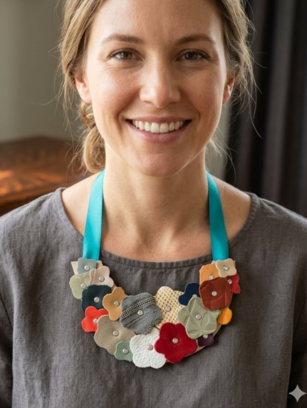Handmade Genuine Leather Flower Bib Statement Necklace Crystal Rivets 062